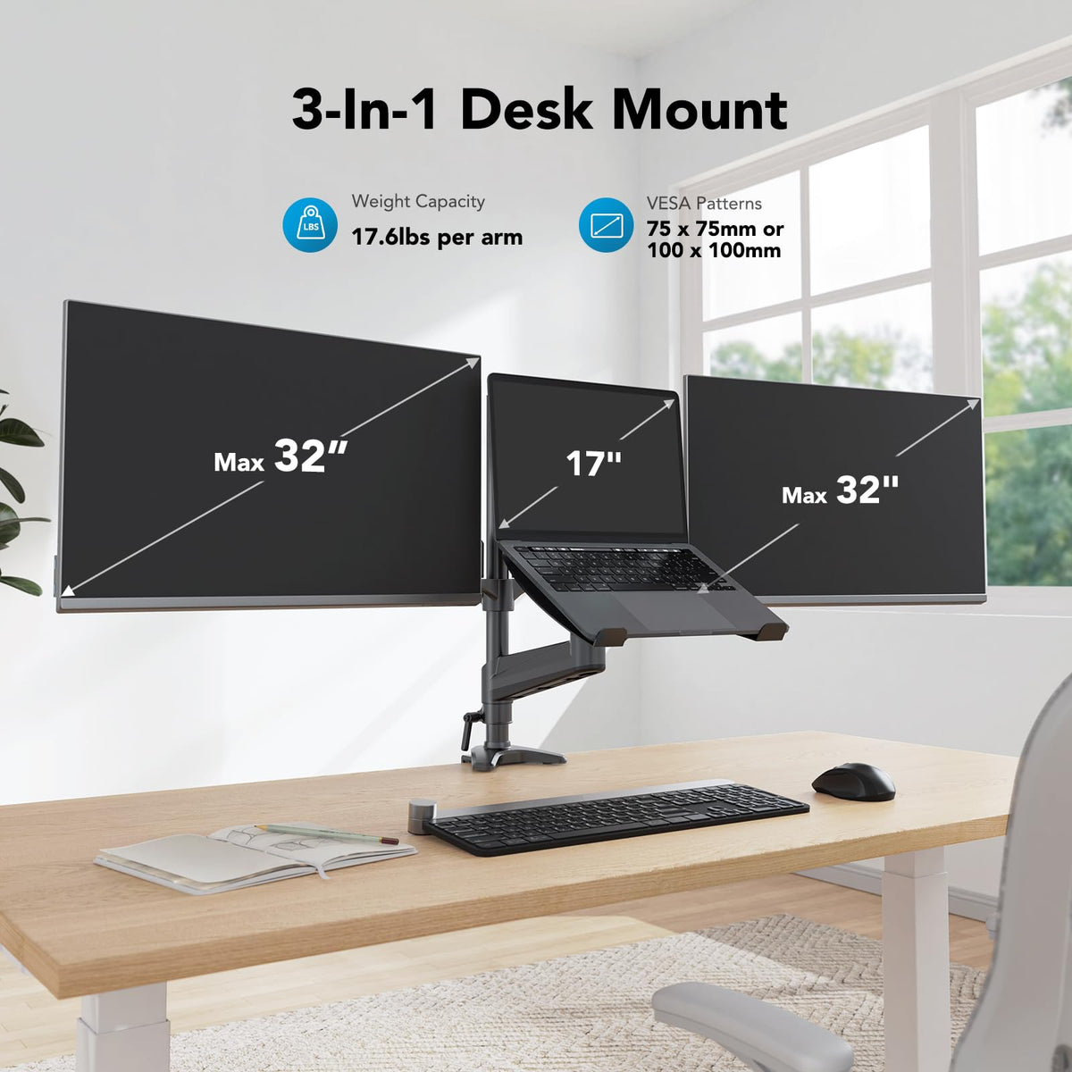 HUANUO Dual Monitor and Laptop Mount for Max 32” Monitor and 17” Laptop, Adjustable Arm with Tilt, Swivel and Rotation, Dual Monitor and Notebook Stand with VESA Bracket 75/100 mm