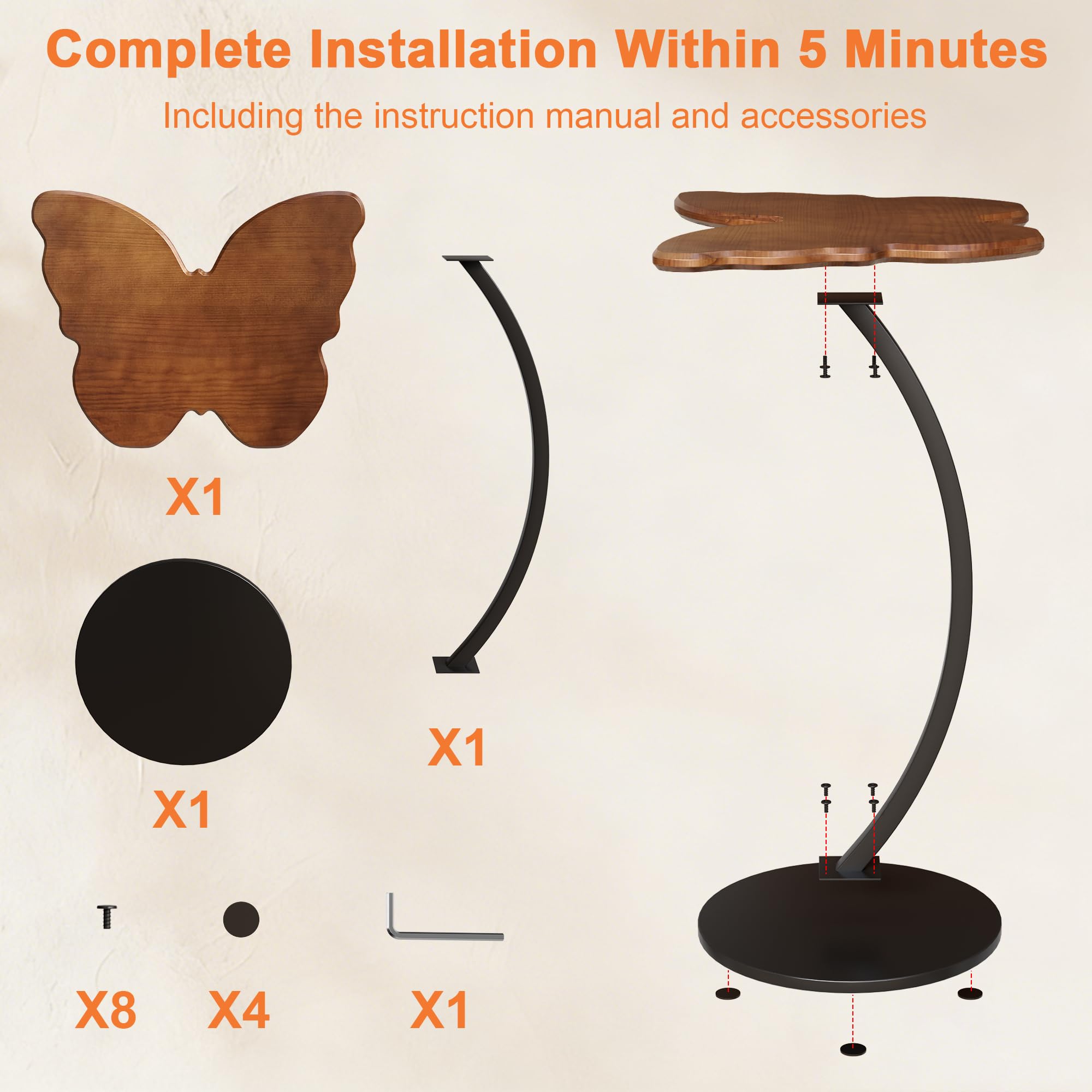 WFSRESTD Butterfly End Table, Solid Pine Wood Side Table with Black Metal C-Shaped Base, Rustic Accent Table for Living Room Bedroom, Walnut Finish, Easy Assembly