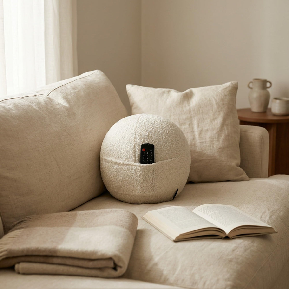 COZELA Orb Bouclé Sphere Pillow, 12 Inch Ergonomic Back & Arm Support, 600 GSM Textured Décor Throw Pillow with Hidden Pocket, White
