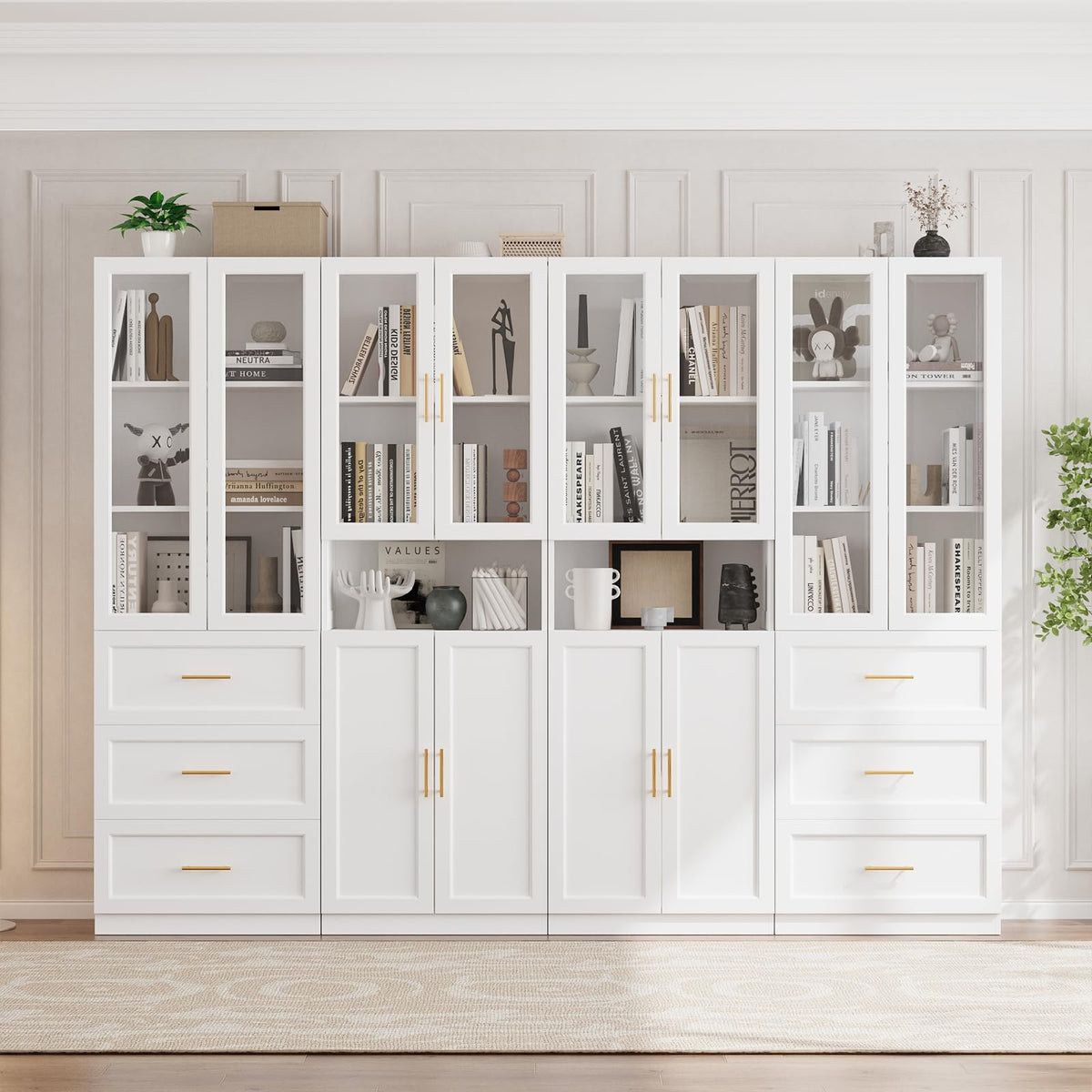 White Glass Door Bookcase with Drawers
