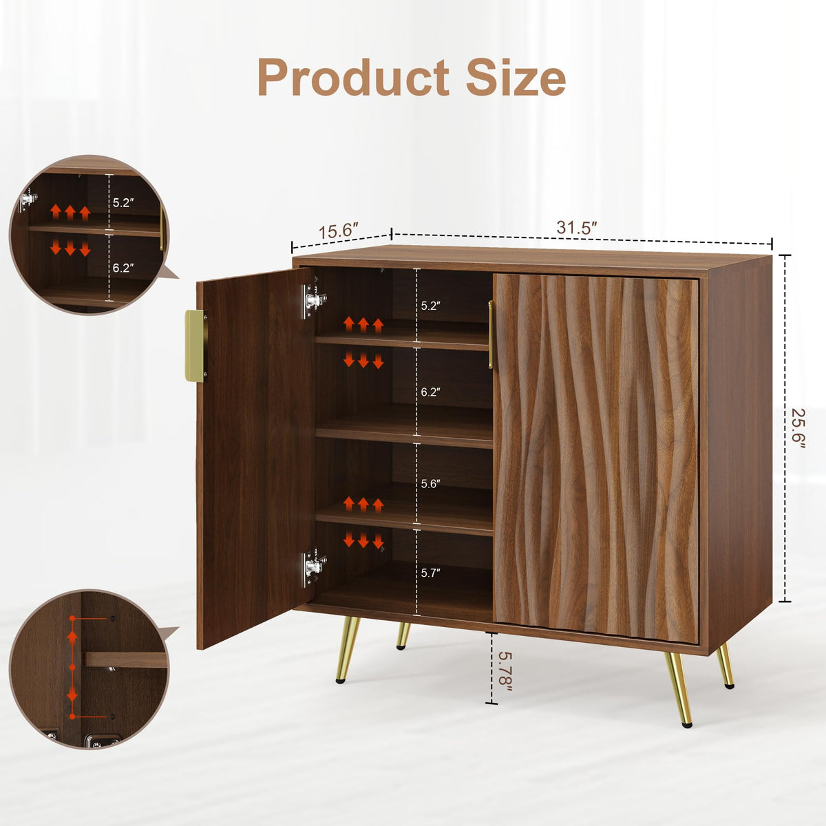 Dorivibe Sideboard Buffet Cabinet, 31.5" Walnut Storage Cabinet, Water Ripple Doors, 4-Tier Adjustable Shelves, 15.6" Deep Mid-Century Accent Cabinet for Dining Room, Living Room, Entryway