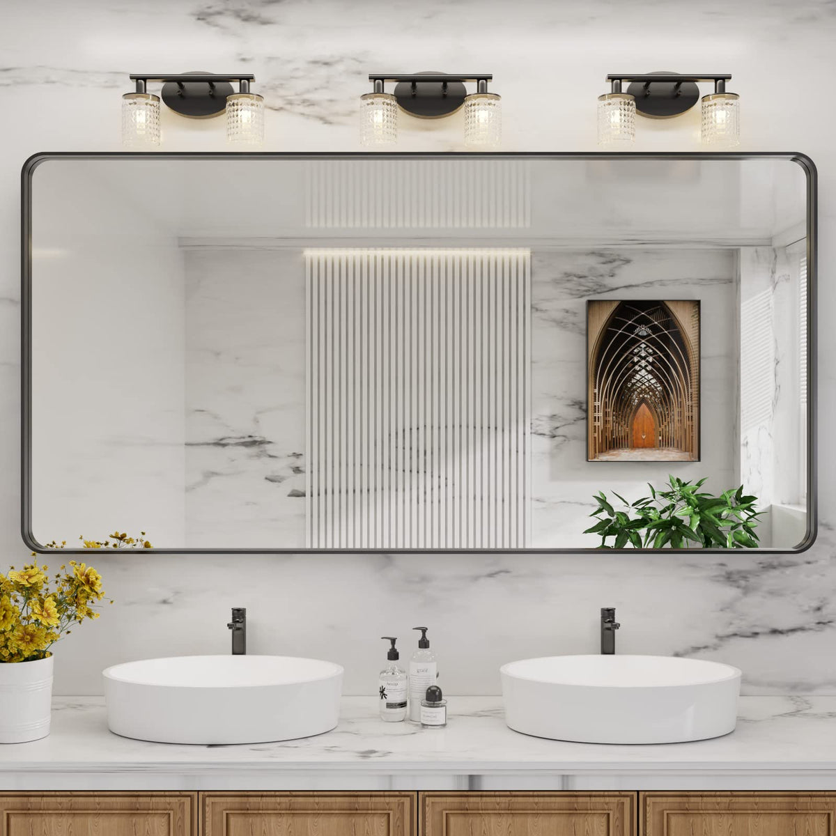 Black Metal-Framed Bathroom Mirror