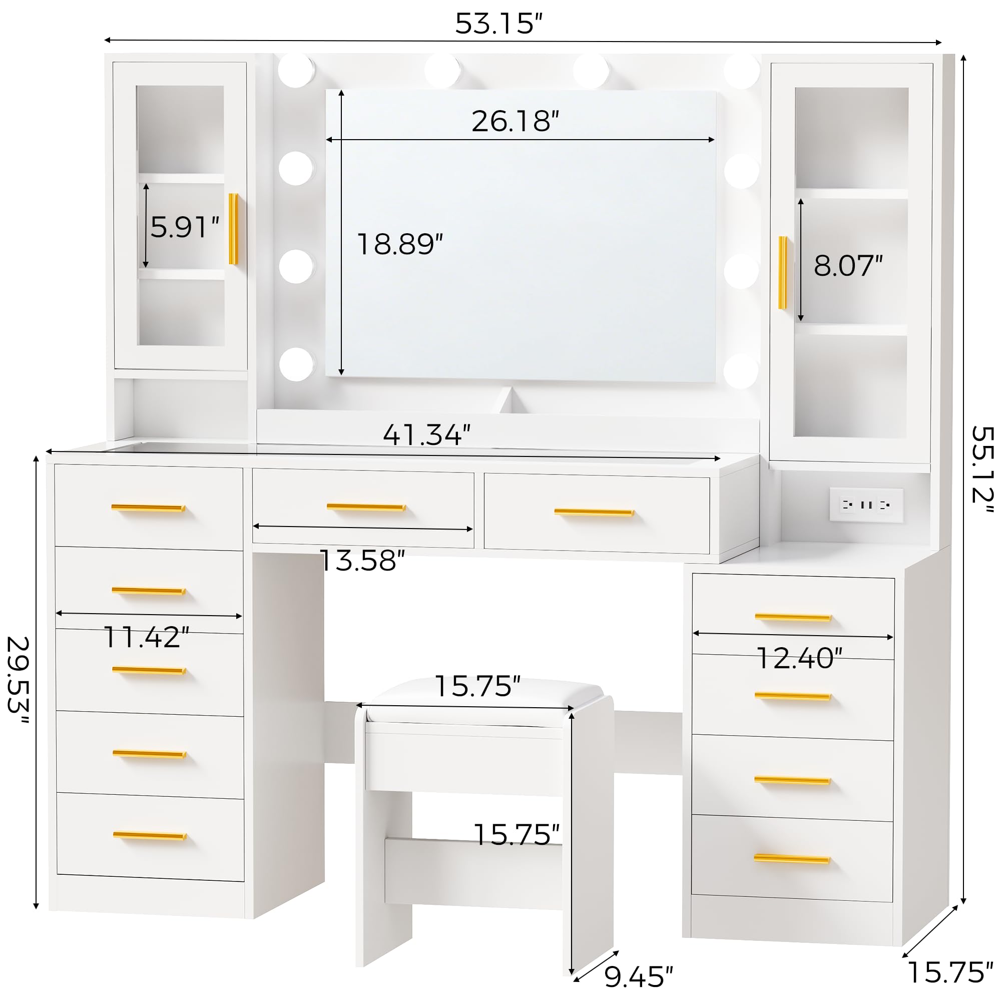 YUNSCEND 53.15" Large Vanity Desk with Mirror and Lights,White Makeup Vanity with Glass Top Power Outlet Vanity Table with 11 Drawers 6 Shelves Dressing Table Stool Set for Bedroom Women UXFST008W
