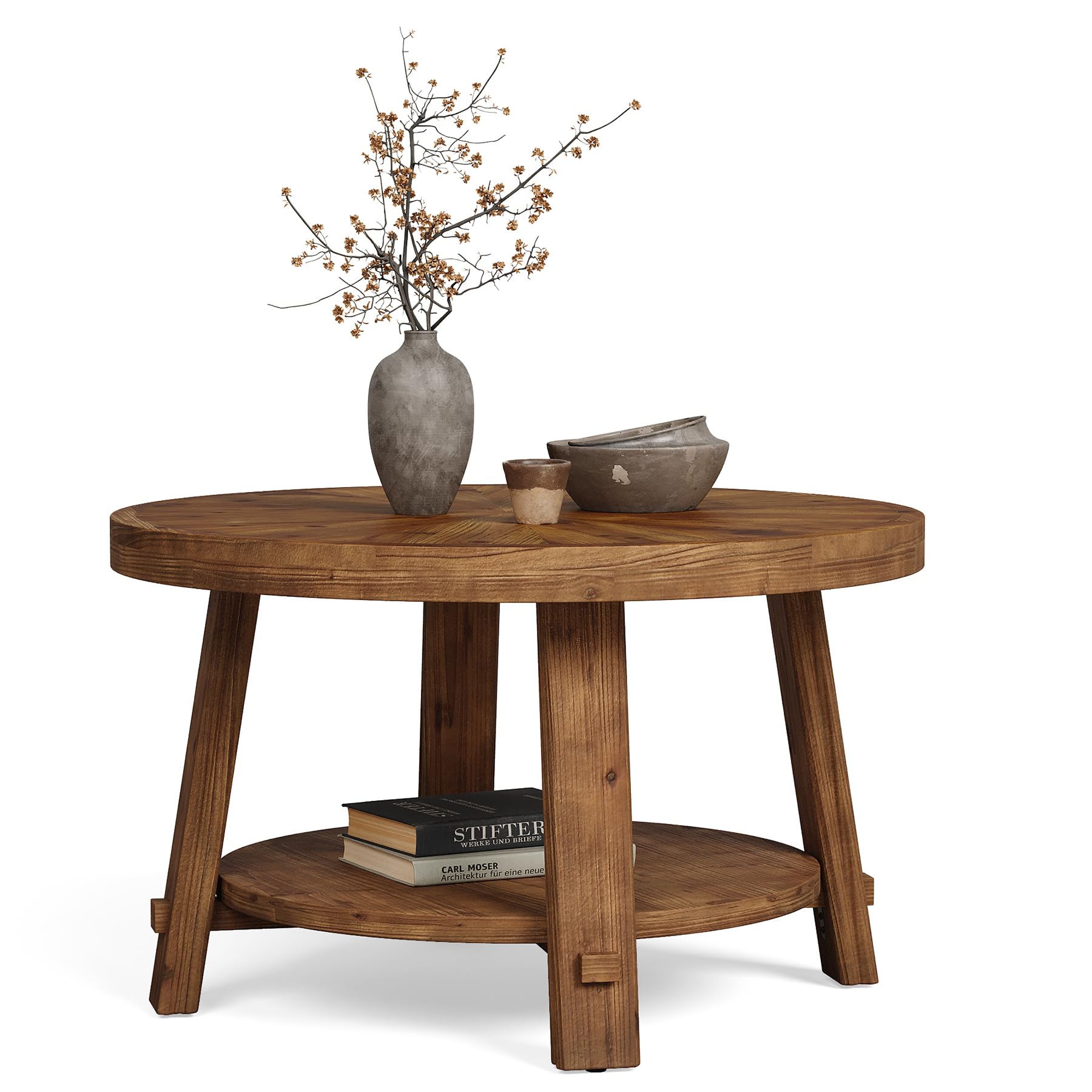 LITTLE TREE Solid Wood Coffee Table with Storage, 2-Tier Farmhouse Round Coffee Table for Living Room, Easy Assembly (Rustic Wood Color)