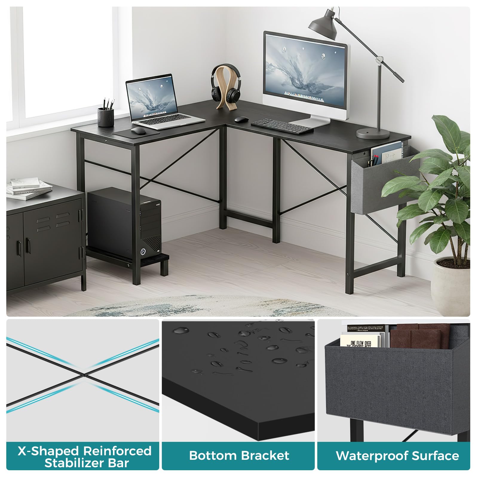 OLIXIS L Shaped Desk, 50-Inch Office Computer Gaming Desks Corner PC Table with Side Bag and Reversible Shelf for Home Work Study Writing Black