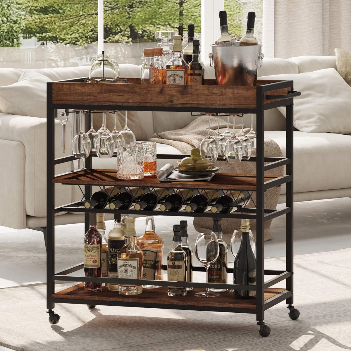 BON AUGURE Rolling Bar Cart on Wheels for Home with Wine Rack, Glass Holder
