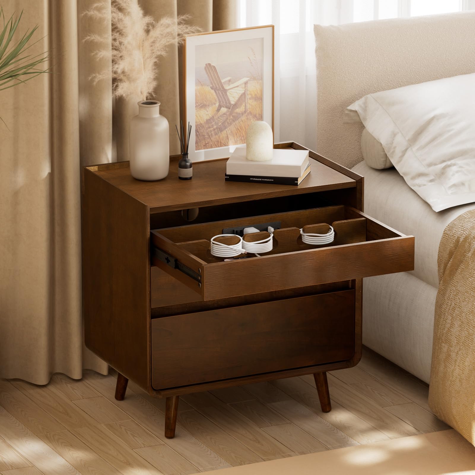 Mid-Century Modern Nightstand with Charging Drawer