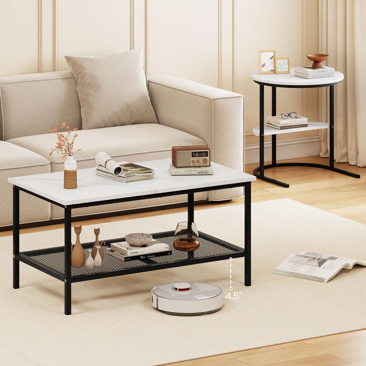 GOFLAME Nesting Coffee Table Set of 2, 2 PCS Nesting Tables with Faux Marble Top and Extra Storage Shelf, Modern Round End Table & Rectangular Coffee Tables for Living Room, Bedroom, Black+White