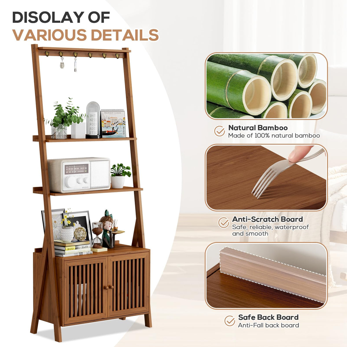 Bookcase with Drawers, Ladder Shelf 4-Tier Bamboo Bookshelf with 6 Hooks