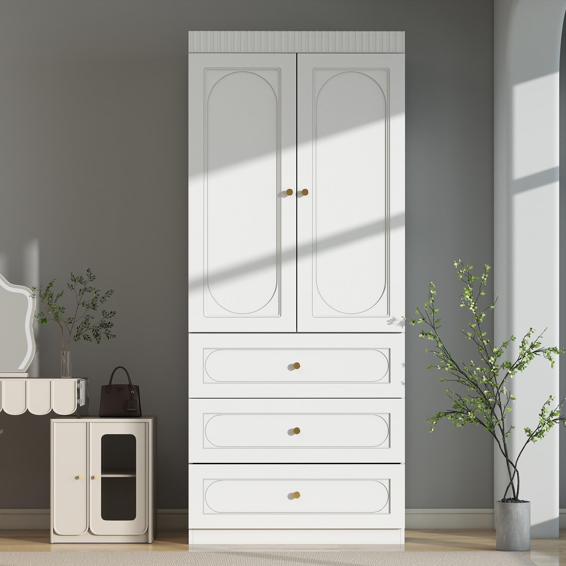 Vrmuxita Armoire Wardrobe Closet with Drawers: 74" Tall White Wardrobe Closet with Doors, Large Bedroom Armoires for Clothes, Wood Closets for Hanging Clothes (31.5 in-2 Doors)