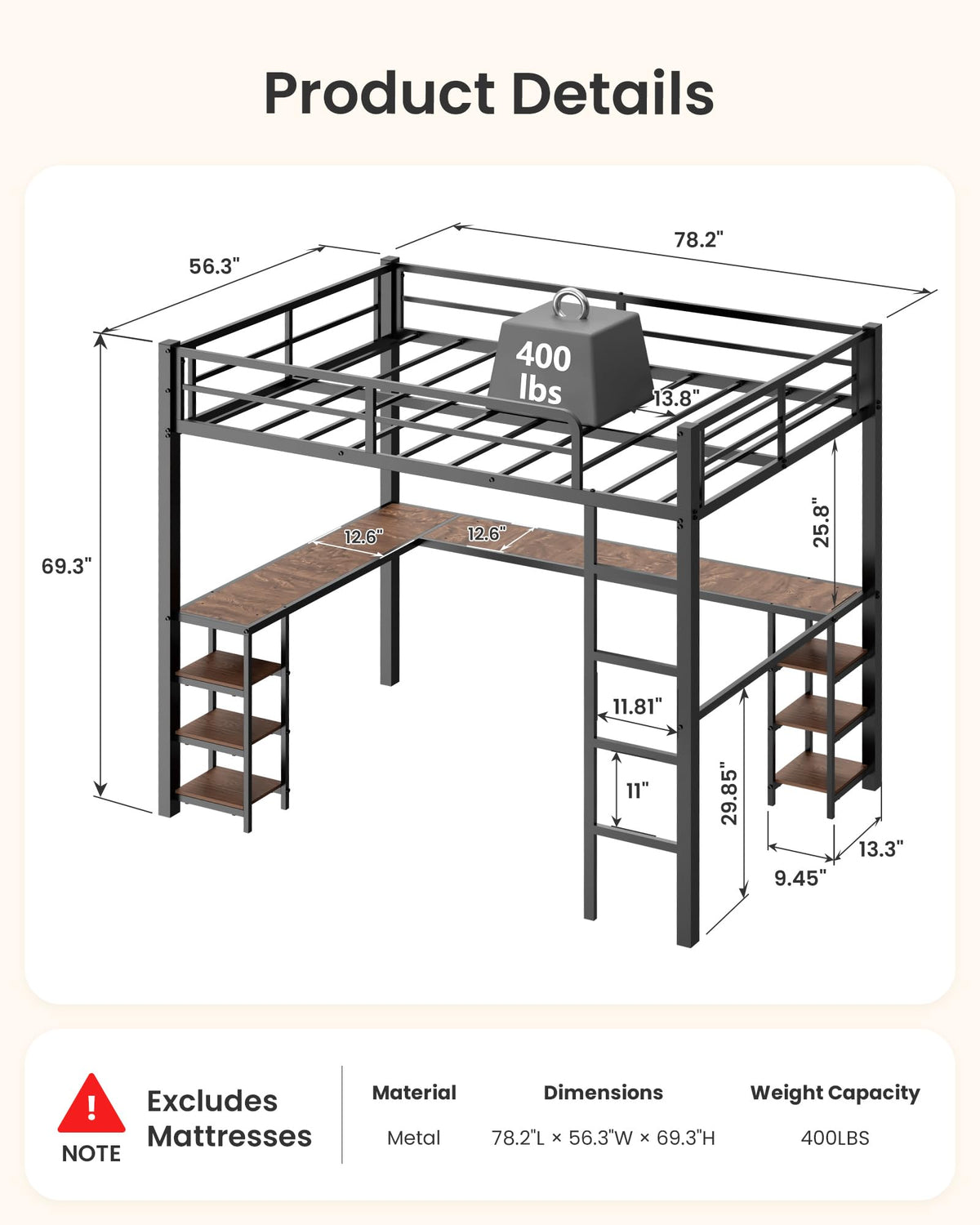 Full Loft Bed with Desk and Shelves