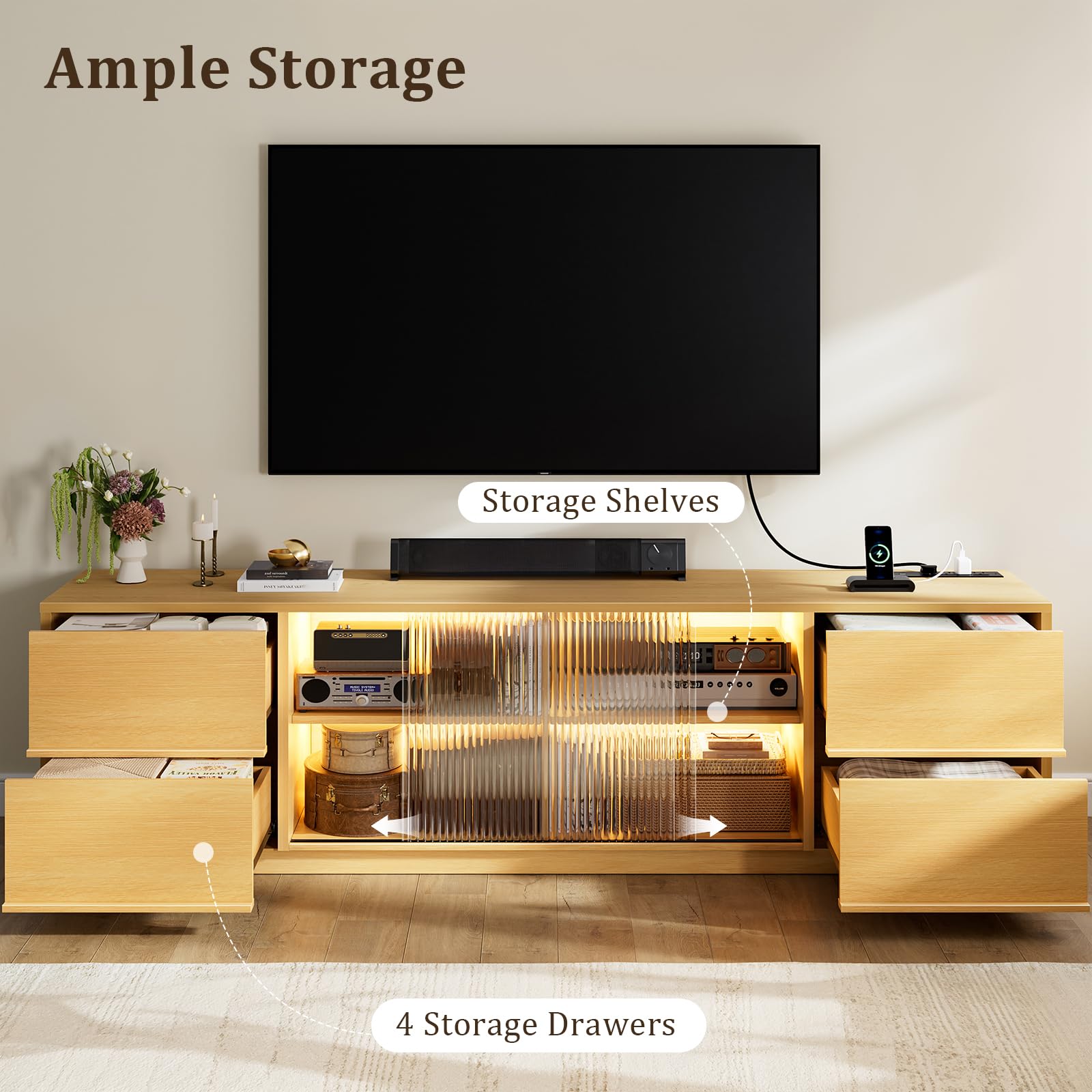 REAHOME 67" Wooden TV Stand for TVs up to 70 Inch, Entertainment Center with Charging Station and LED Light, Media Console Table with Storage Drawer & Sliding Door for Living Room, Natural Oak