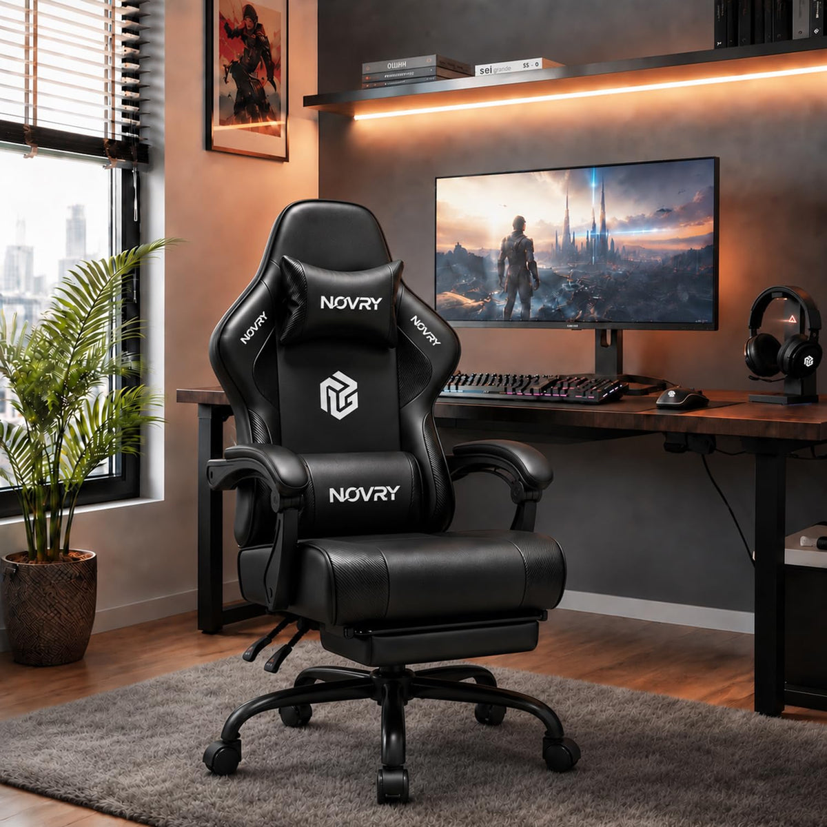 Gaming Chair for Adults with Footrest,Upgraded Ergonomic Chair,All Black