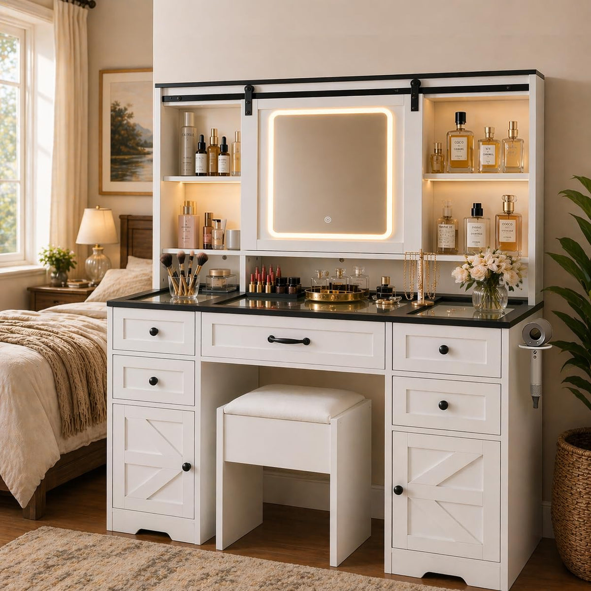 Glass Top Makeup Vanity with LED Mirror