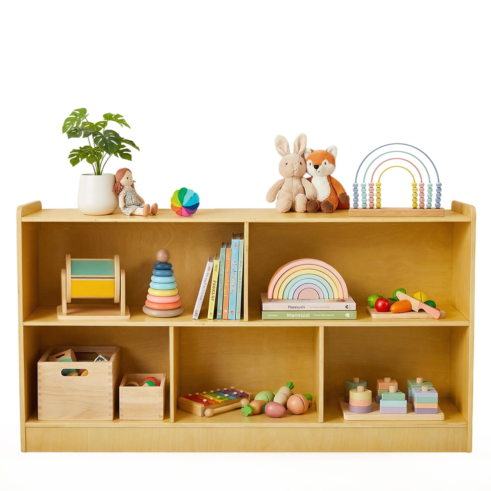 Montessori Shelf, Wooden Toy Storage Organizer with 2-Tier Shelf & 5-Section Storage Cabinet, Kids Bookshelf/Bookcase for Toddler Playroom, Nursery, Classroom(Natural)