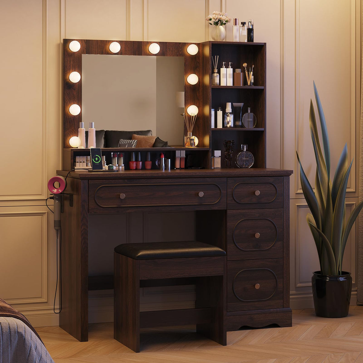 Walnut Brown Lighted Makeup Vanity