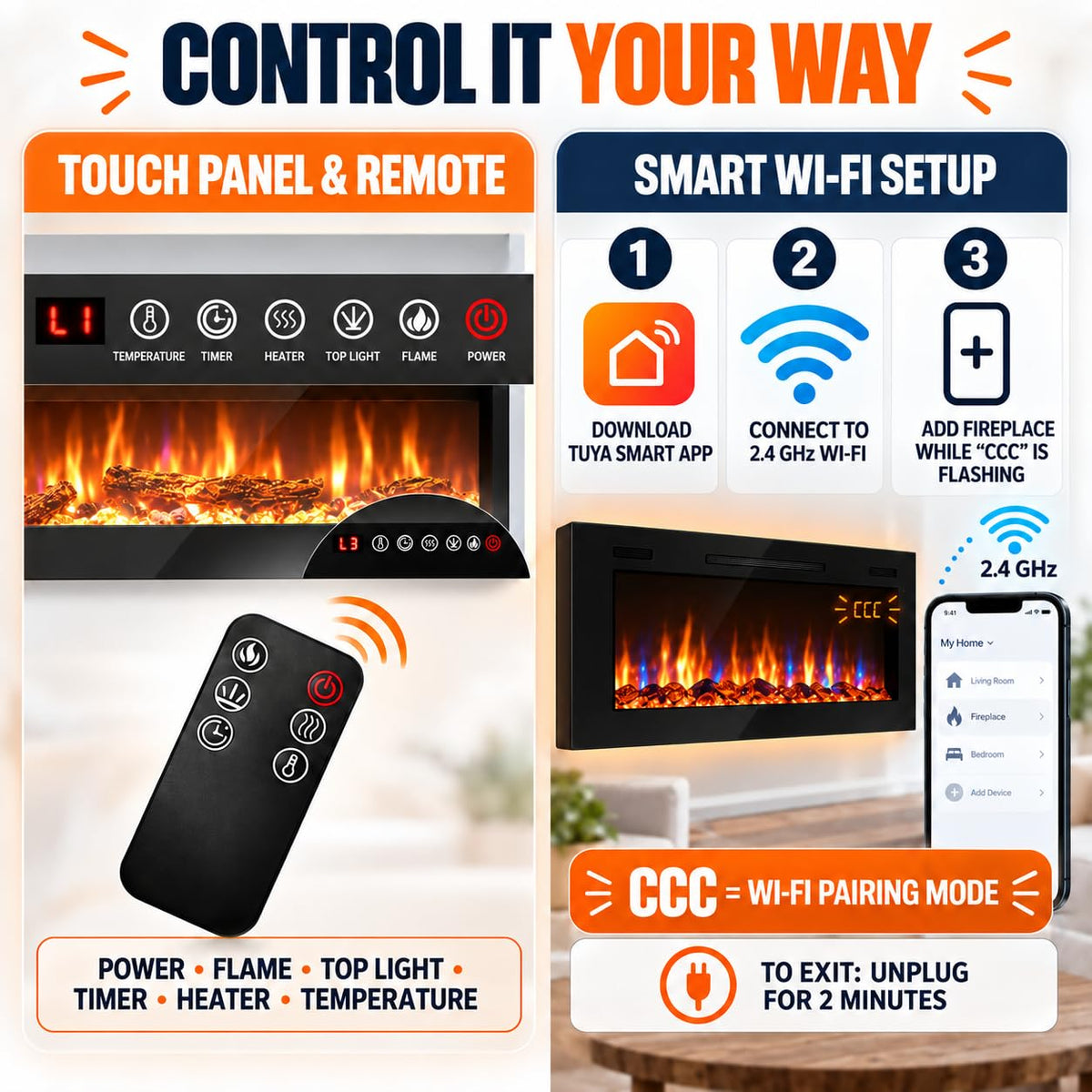 Mystflame 88" WiFi Electric Fireplace Pro, Recessed/Wall Mounted Heater