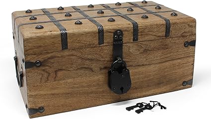 Handcrafted Wooden Treasure Chest with Antique Iron Lock & Skeleton Key