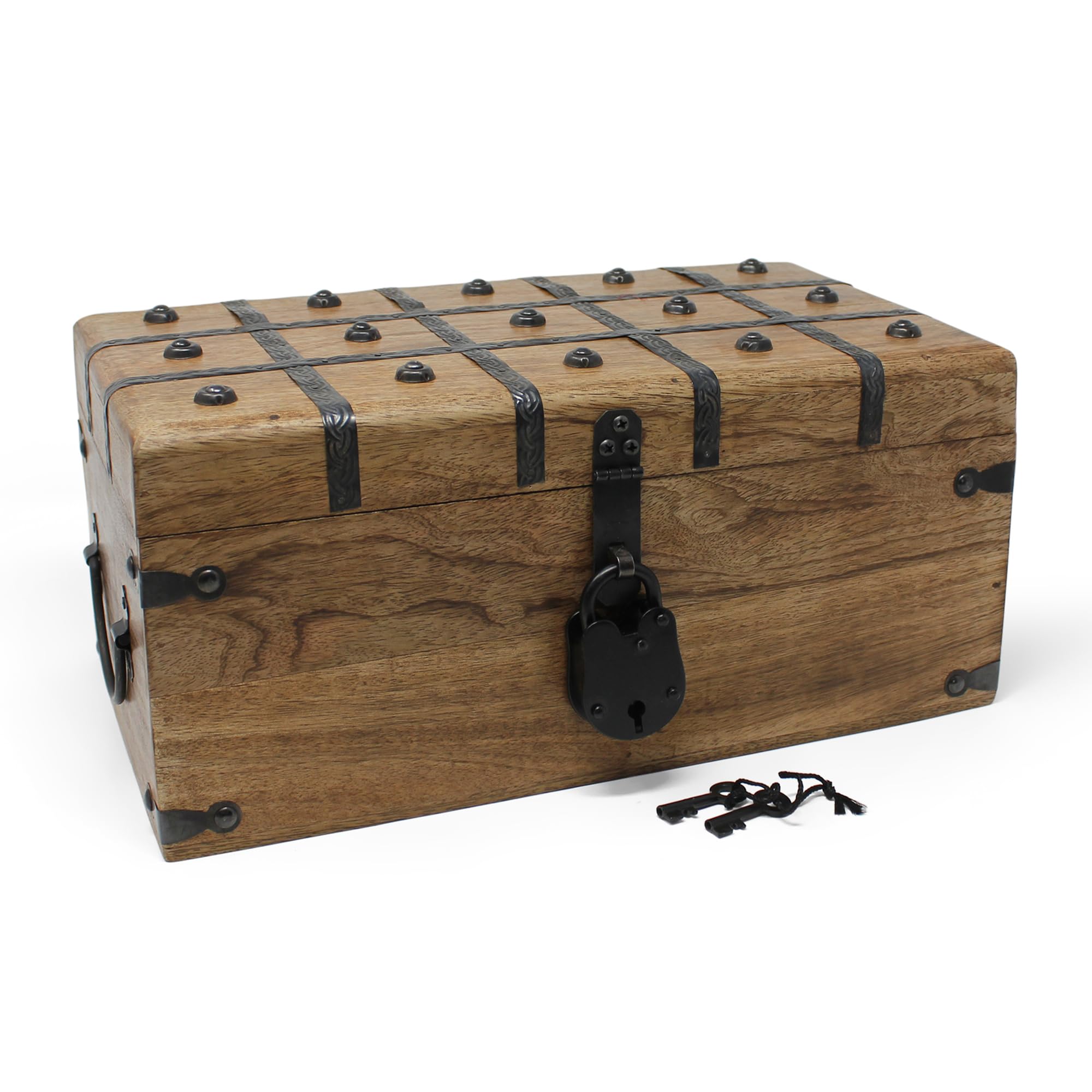 Nautical Cove Treasure Chest Wooden Box with Antique Iron Lock and Skeleton Key (Large 14.5x8x6.75) - Storage and Decor – Pirate Wooden Treasure Chest, Decorative Box with Hinged Lid,
