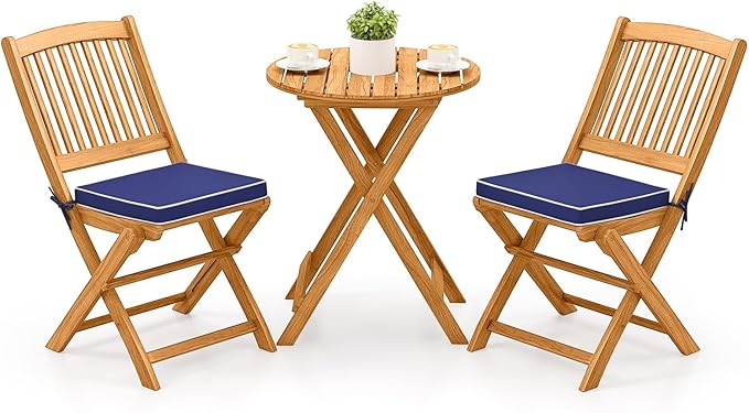 3-Piece Acacia Wood Folding Patio Bistro Set with Cushions