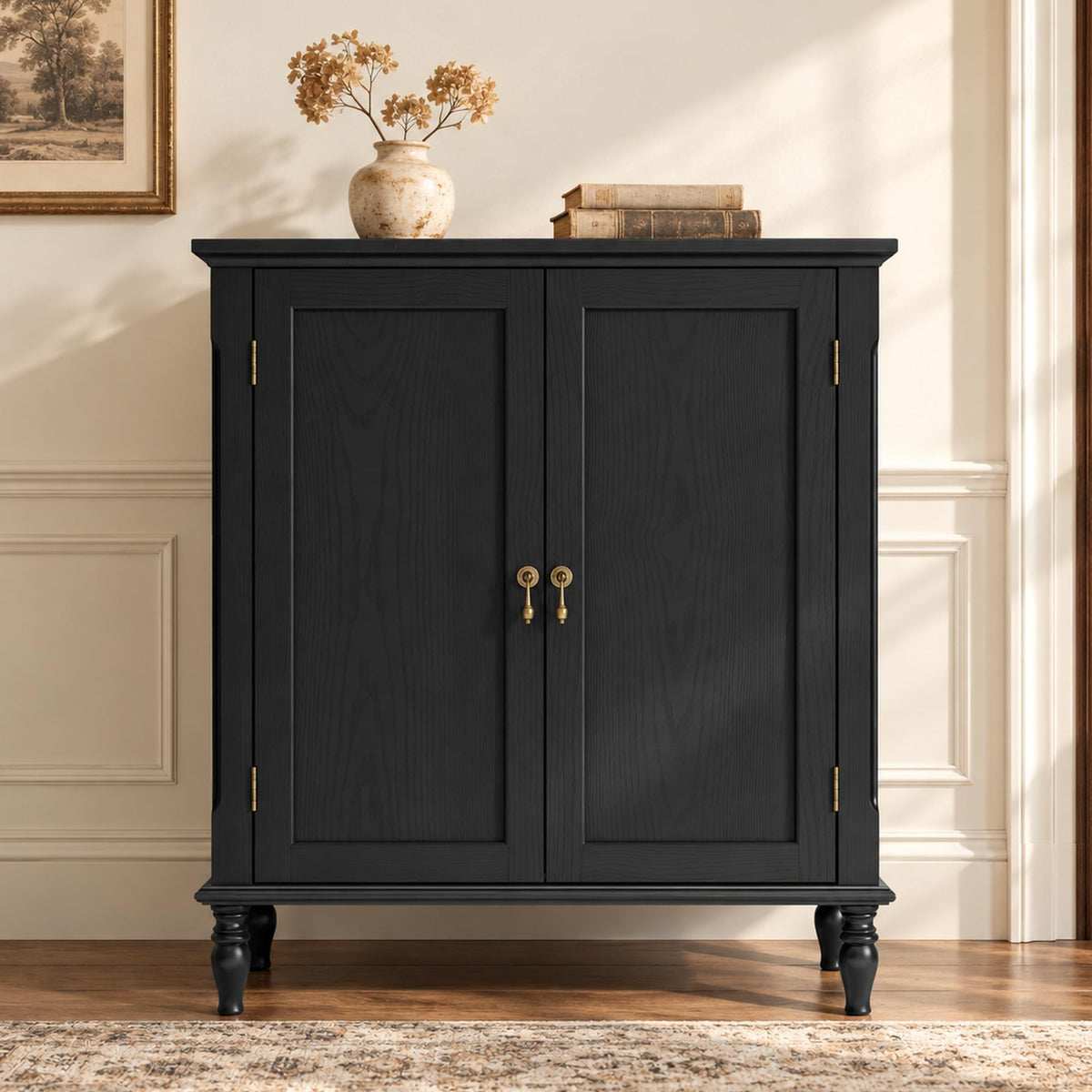 ARTPOWER Vintage Buffet Cabinet with Storage, Solid Wood Veneer, Black