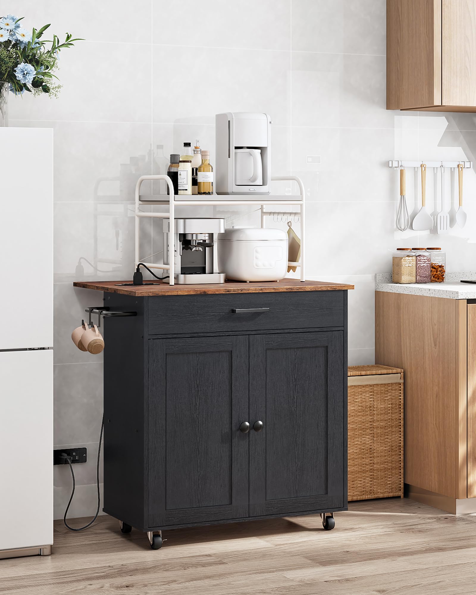 Kitchen Island Cart with Drop Leaf, Power Strip, Cabinet & Drawer