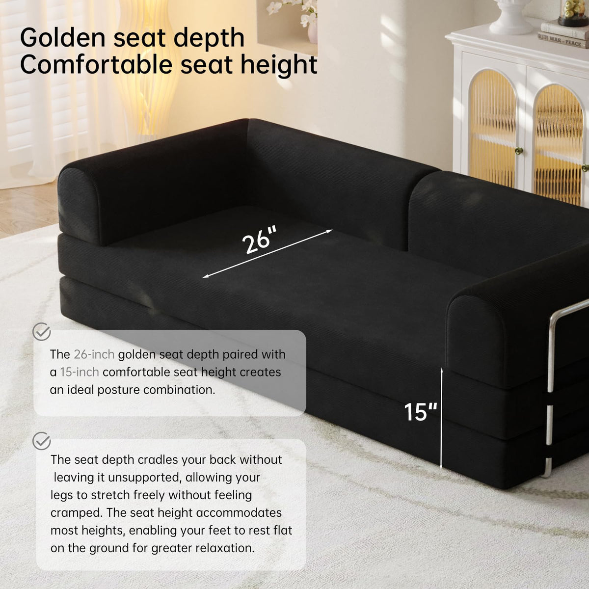 79” Convertible Sofa Bed, 35D High-Density Foam&Corduroy Fabric Sleeper Couch Bed, Fixed-Shape Frame & Removable Armrests,Modular Folding Small Loveseat Futo, Sectional Couch for Small Spaces (Black)