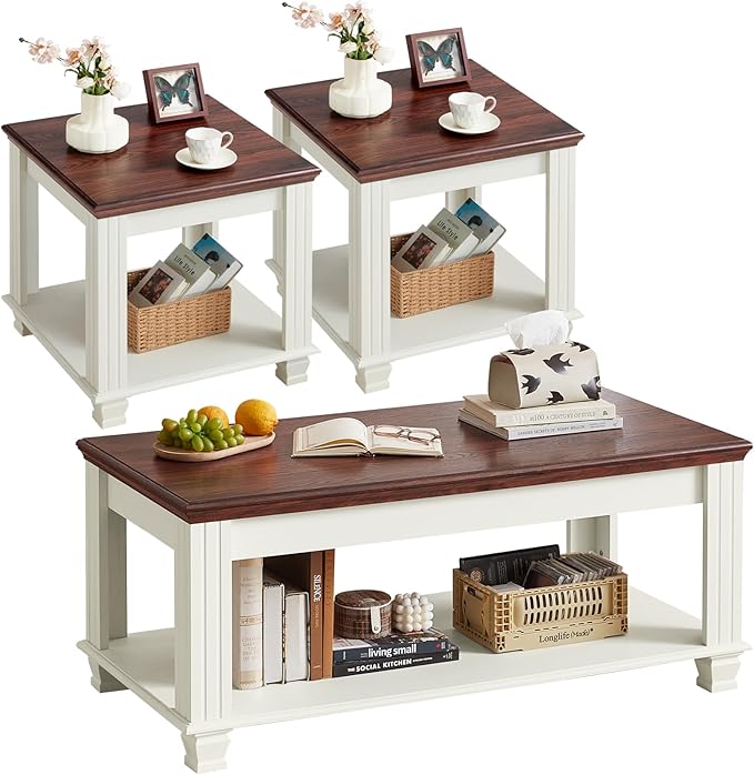 Farmhouse Coffee Table Set of 3 with Open Shelf