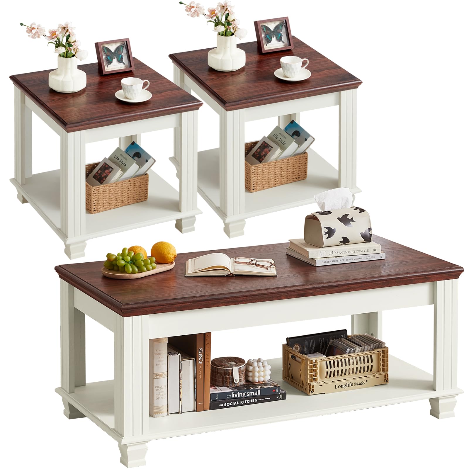 3-Piece Farmhouse Coffee & End Table Set with Open Shelf