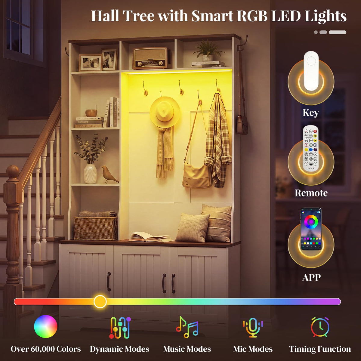White LED Hall Tree with Shoe Storage