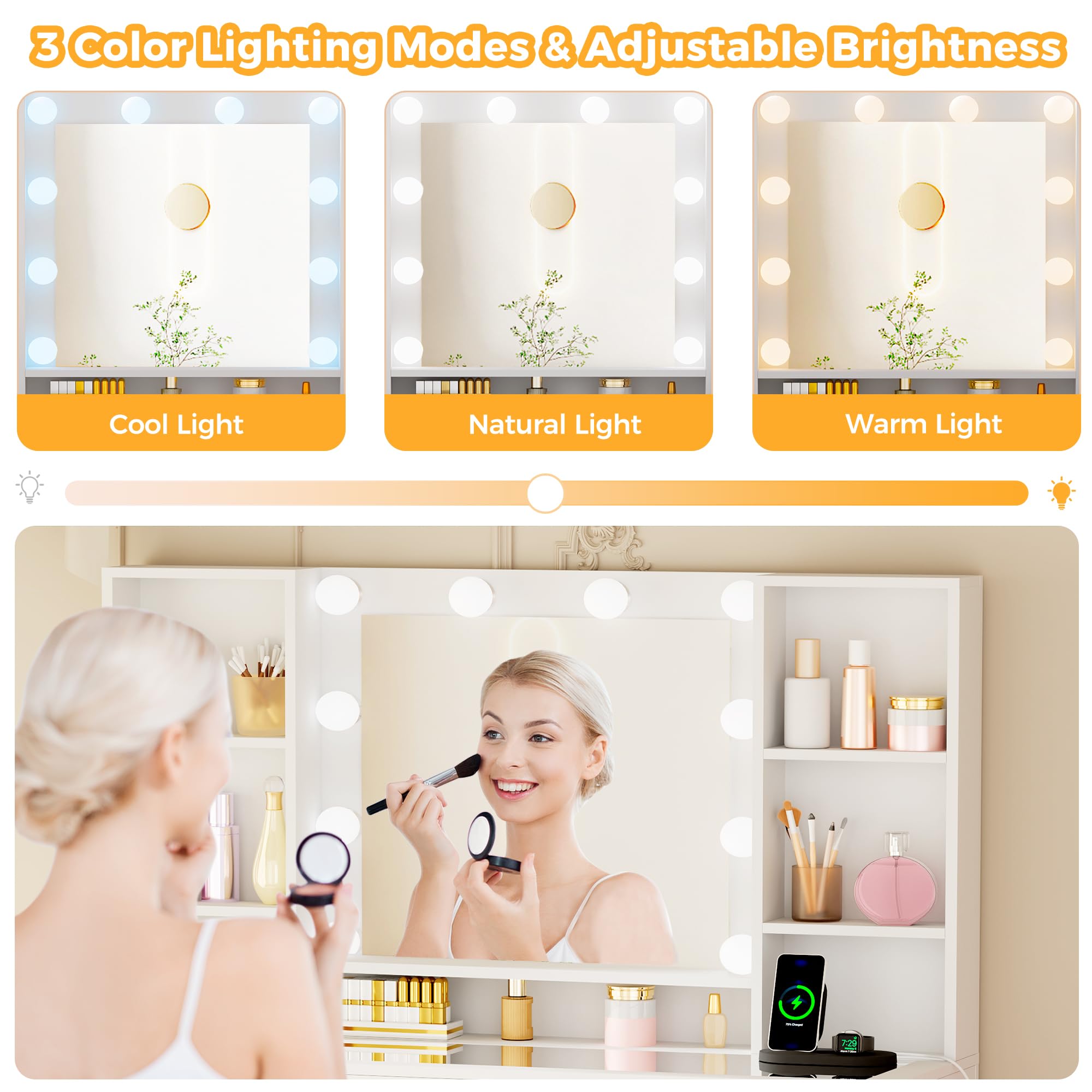 ANWBROAD Large Vanity Desk with Mirror and Lights, White Makeup Vanity Desk with Glass Top,13 Drawers,7 Open Shelves, 3 Colors Dressing Table with Stool Power Outlet for Bedroom Women UBDT18X