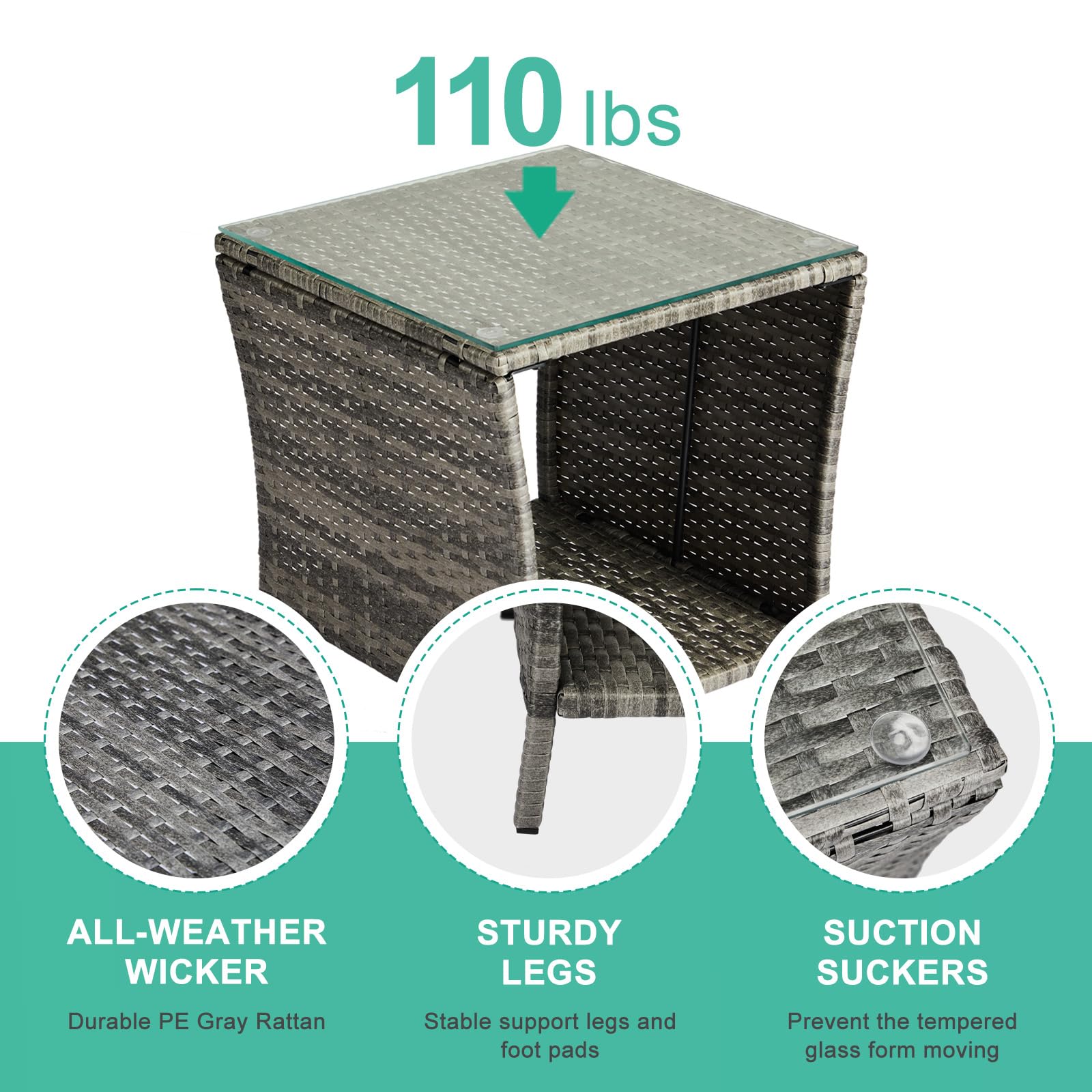 Wicker Outdoor Side Table with Tempered Glass Top & Storage Shelf