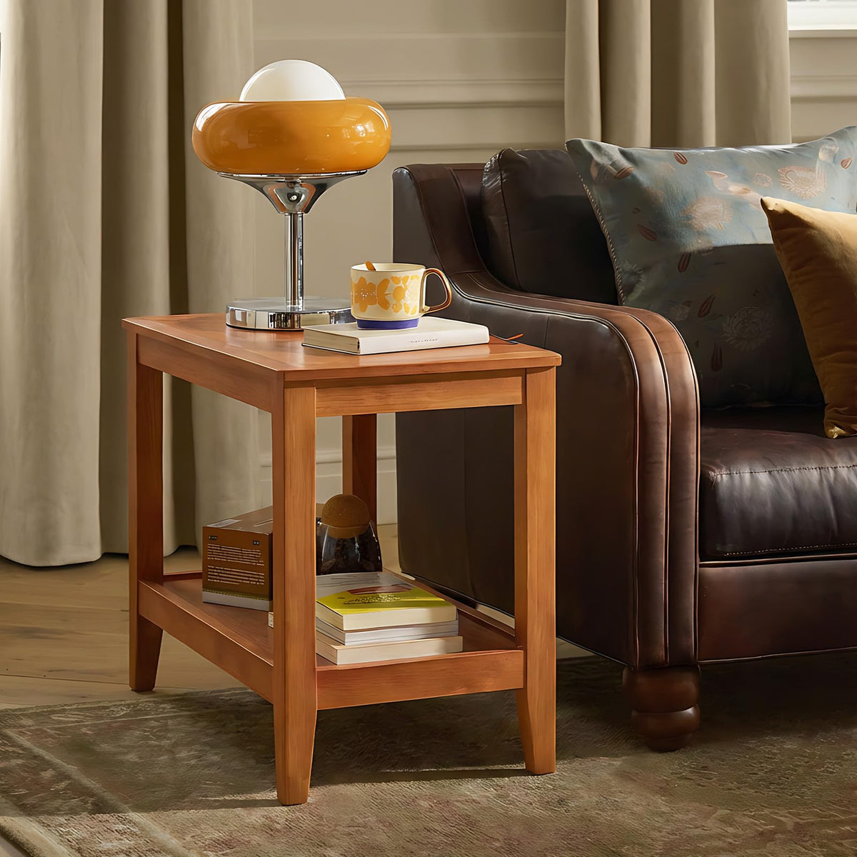 Cttasty Side Table, Solid Wood Rectangular End Table with Storage Shelf, 2-Tier Coffee Table for Living Room, Rubber Wood Small Sofa Table, Nightstand 19.69 H x 13.39 W x 23.62 D Inches (Natural)