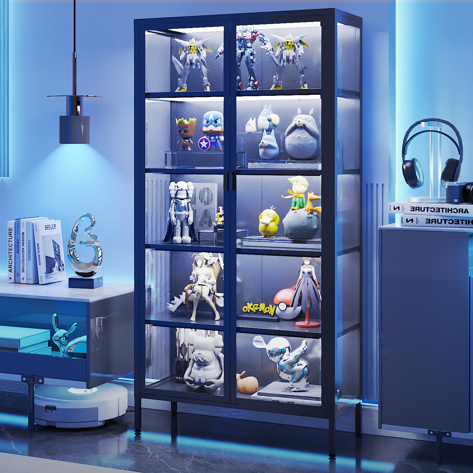 Glass Display Cabinet with LED Sensor Lights & Adjustable Shelves