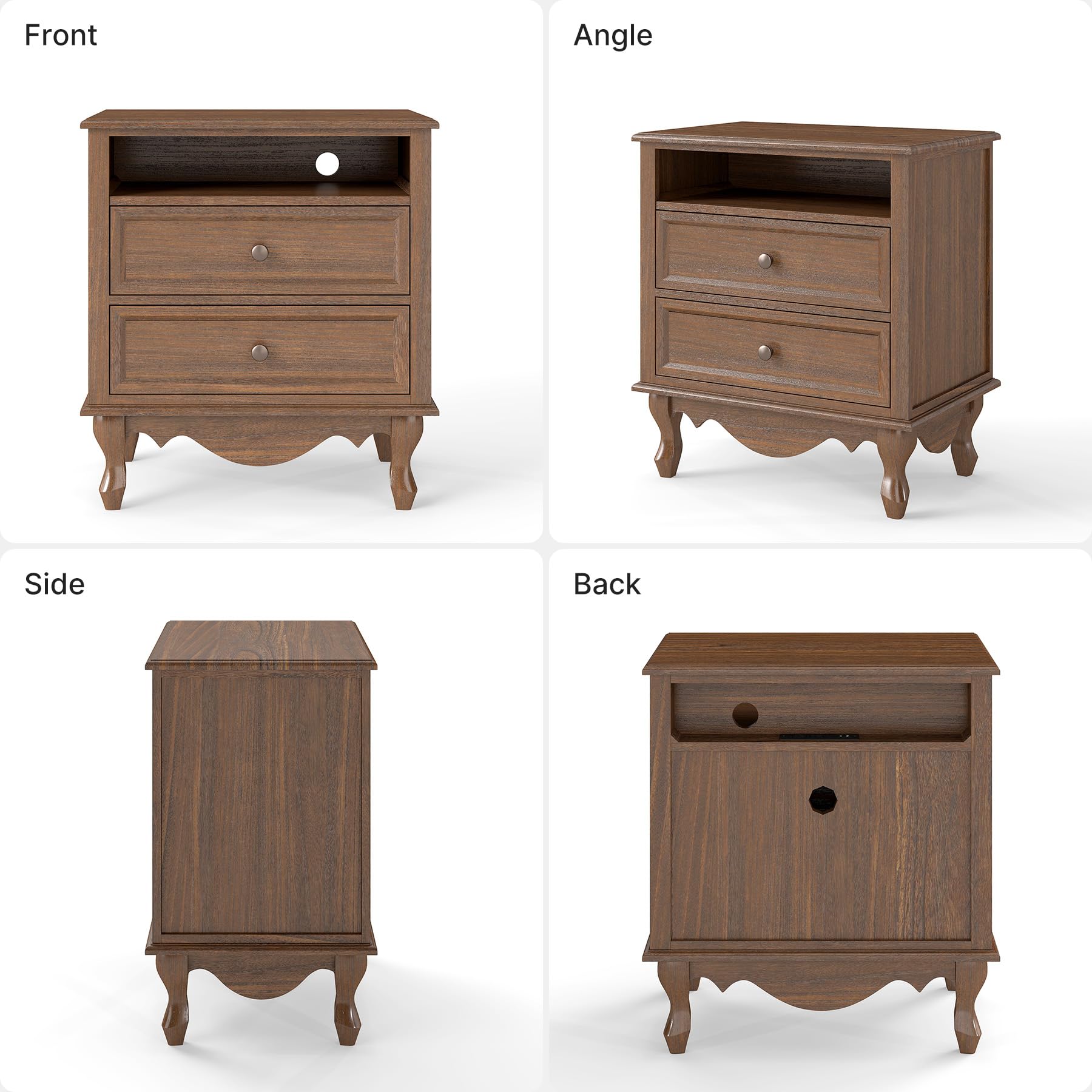 Nightstand with 2 Drawers, Open Shelf & Charging Station