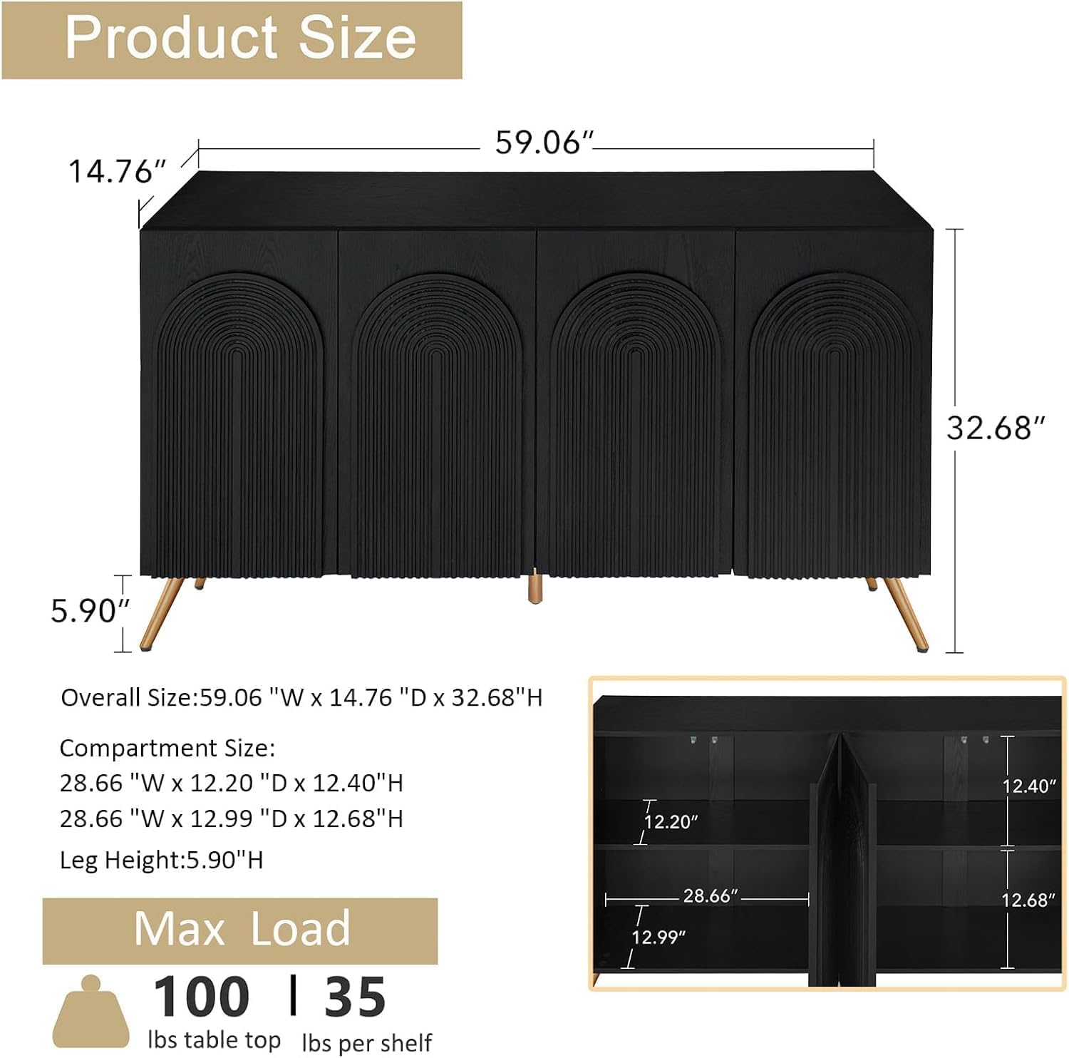 59" Arched Sideboard Buffet Cabinet with 3D Carved Doors