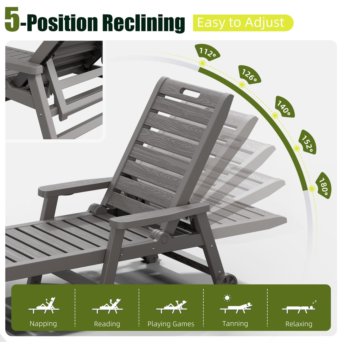 NUNU LAB Outdoor Chaise Lounge Chairs Set, Grey with Wheels, 2pcs