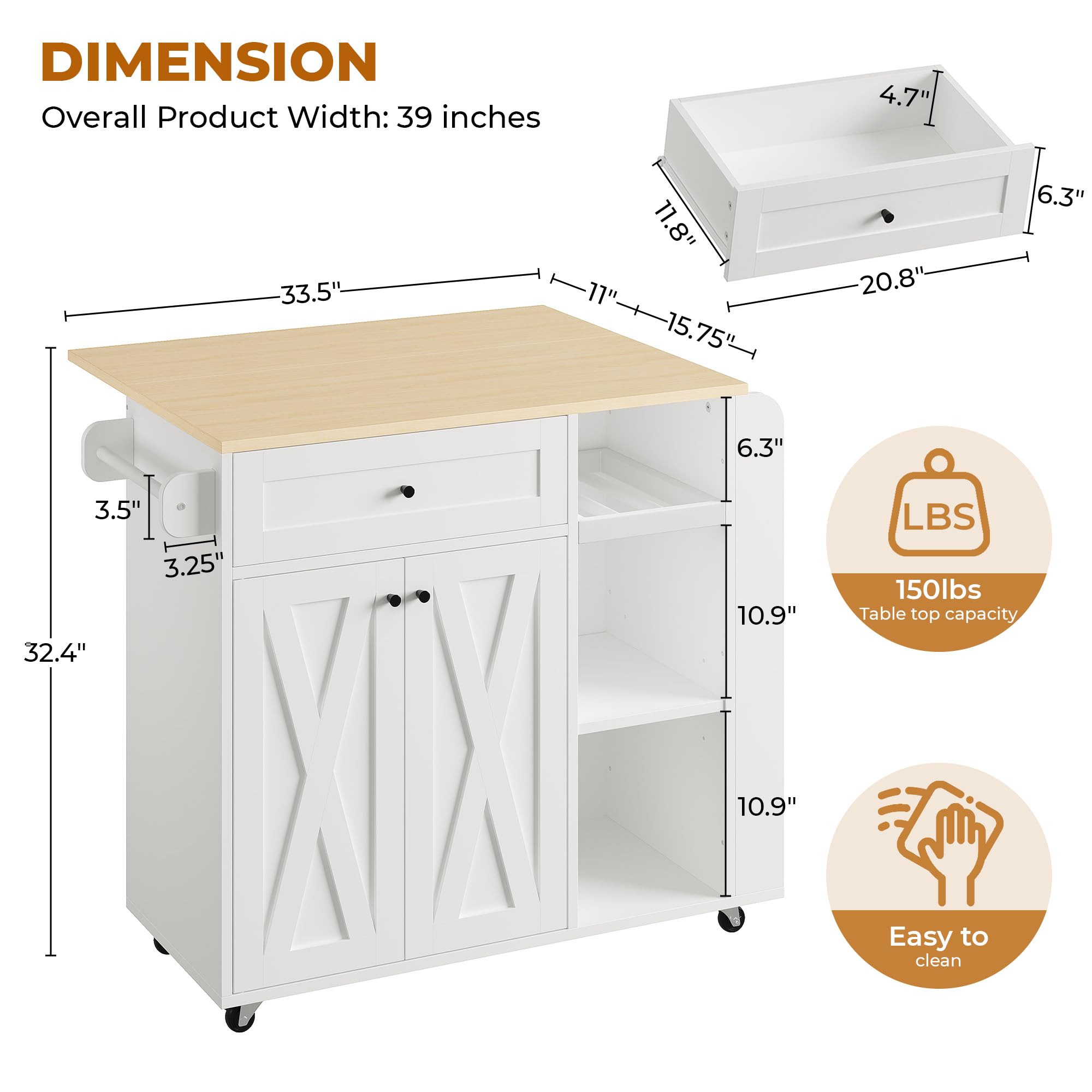 Rolling Kitchen Island with Drop Leaf & Wine Rack