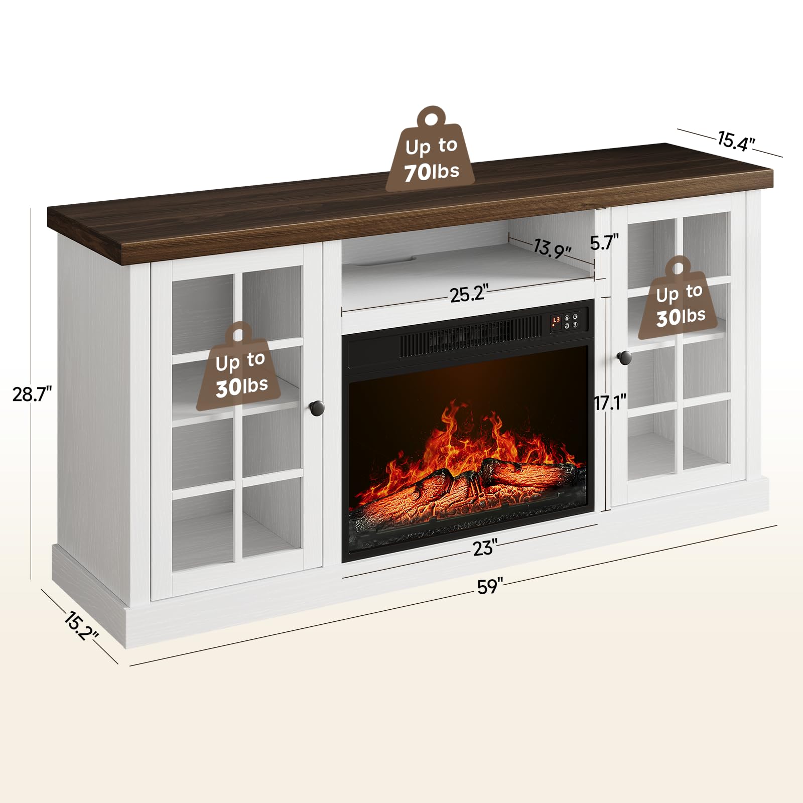 59" Fireplace TV Stand with Electric Fireplace & Glass Doors