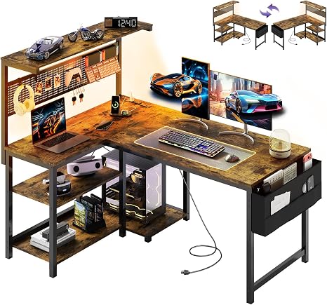 L-Shaped Gaming Desk with LED Light & Power Outlet, 47 Inch