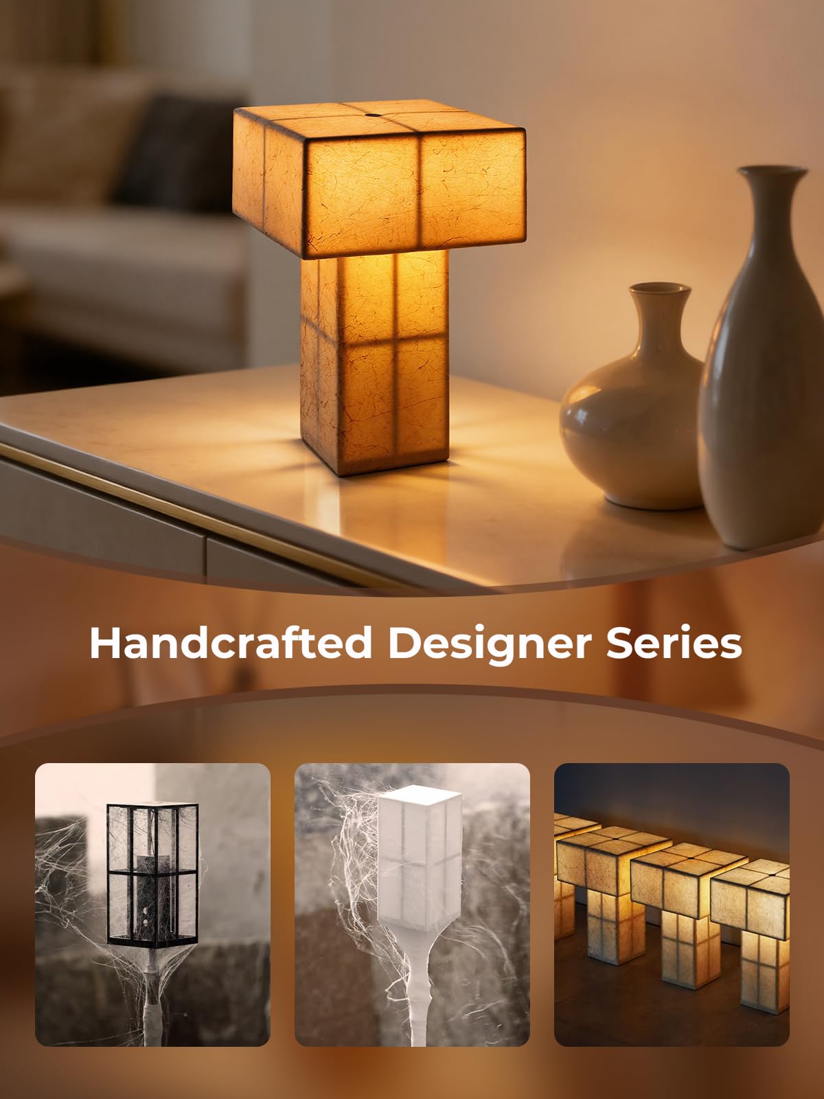 INSSKY 9.1''Mid Century Modern Table Lamp,Handmade Bedside Lamp with Dimmable,Cordless Rechargeable Lamp for Home Decor,LED Ambient Lighting for Nightstand,Living Room,Bedroom,Bulb Included(Yellow)