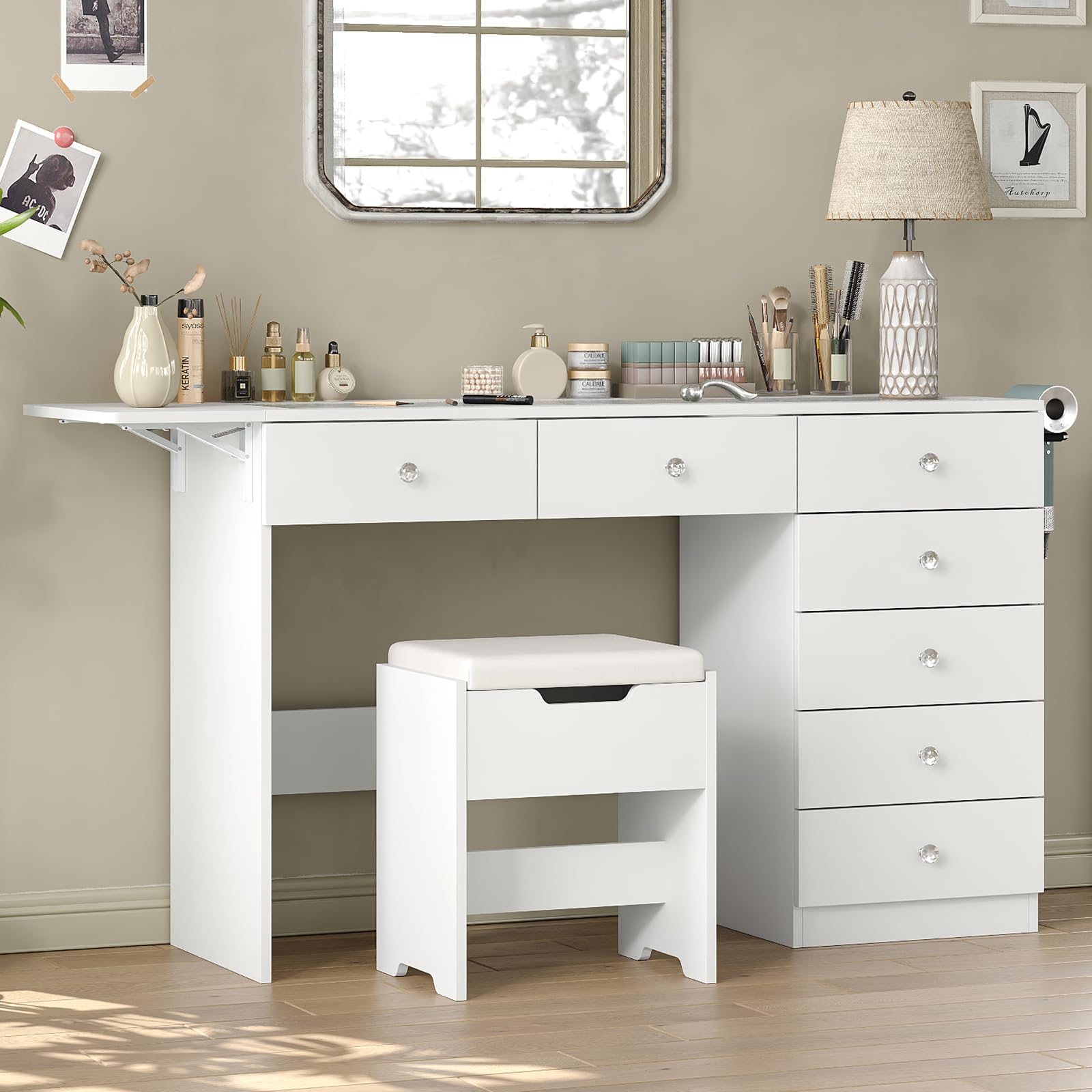 Vanity Desk with 7 Drawers and Charging Station, Glass Top Dressing Table with Foldable Side Shelf and Stool, Modern Makeup Vanity with Storage for Bedroom, White