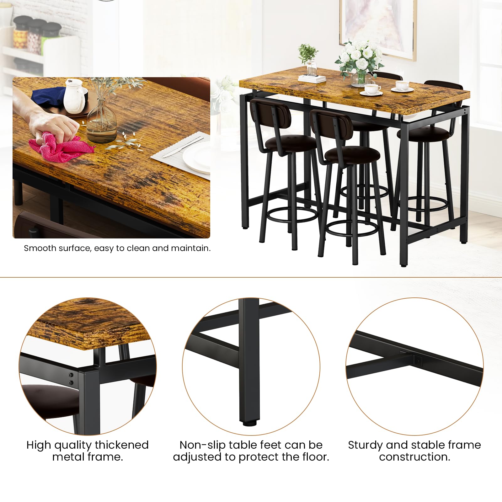 Industrial Bar Table & Chair Set for 4