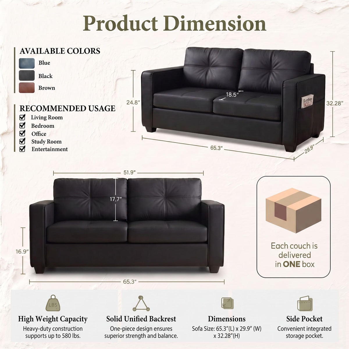 3-Piece Leather Living Room Set, Living Room Furniture for Office,Black