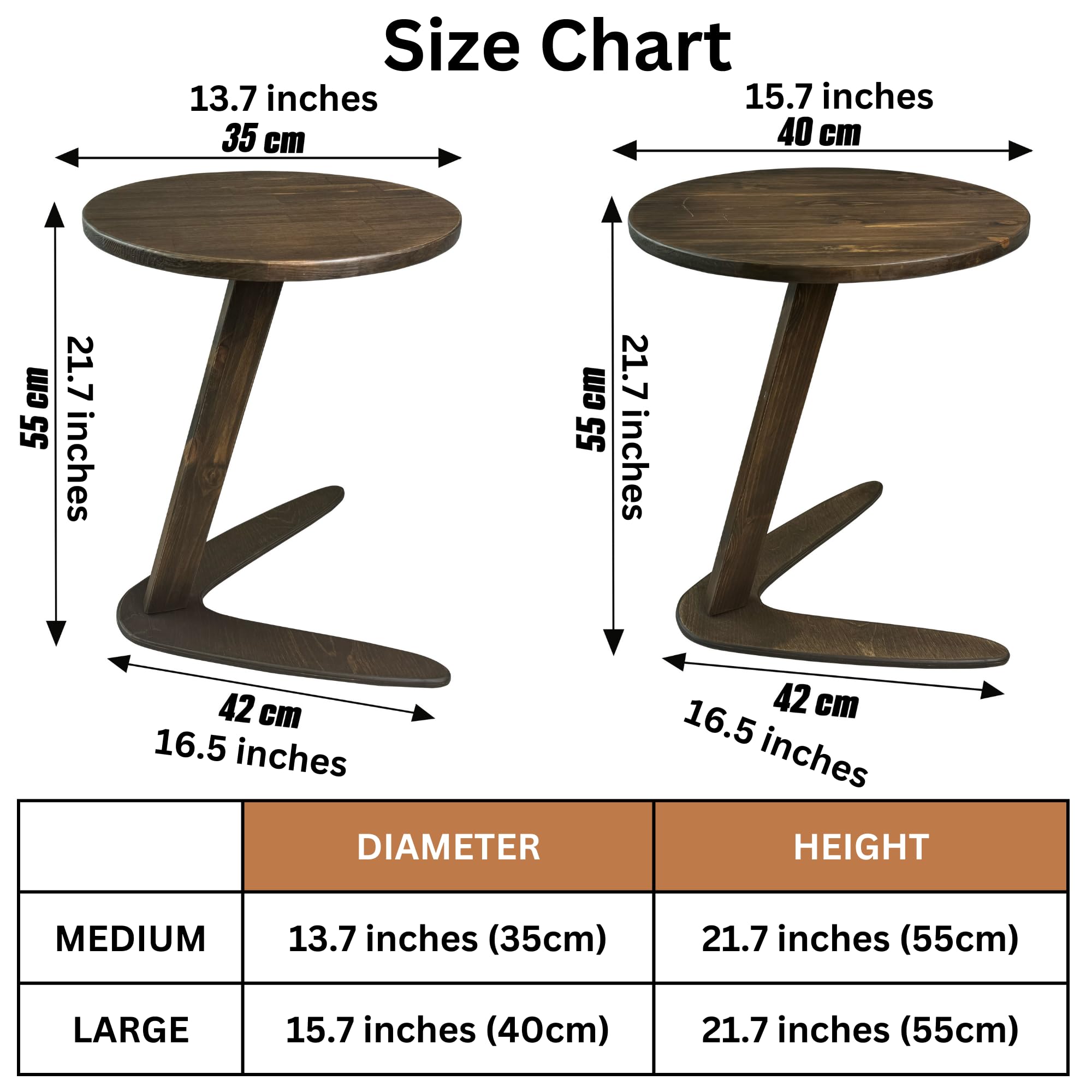 GENESIS WOODESIGN C-Shaped Handmade Solid Wood End Table, Side Table for Couches, Sofa Tables Slide Under Couch for Living Room, Over Couch TV Tray Table for Small Spaces (Medium, Dark Walnut)