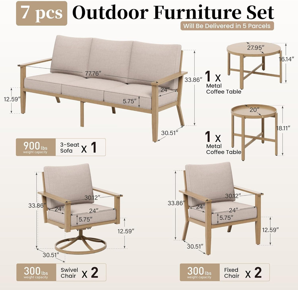 SUNSHINE VALLEY 7-Piece Metal Outdoor Patio Furniture Set, Beige