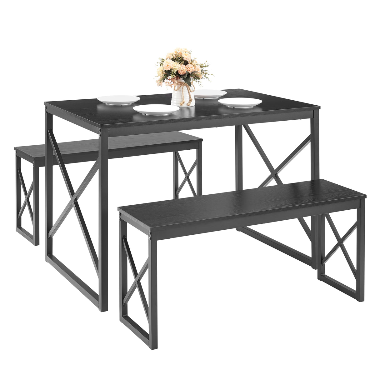VECELO 43.3" Kitchen Dining Table Set for 4, Heavy-Duty Steel Frame & Wood-Grain Tabletop, Space-Saving Dinette Sets with 2 Benches for Breakfast Nook and Small Space, Matte Black