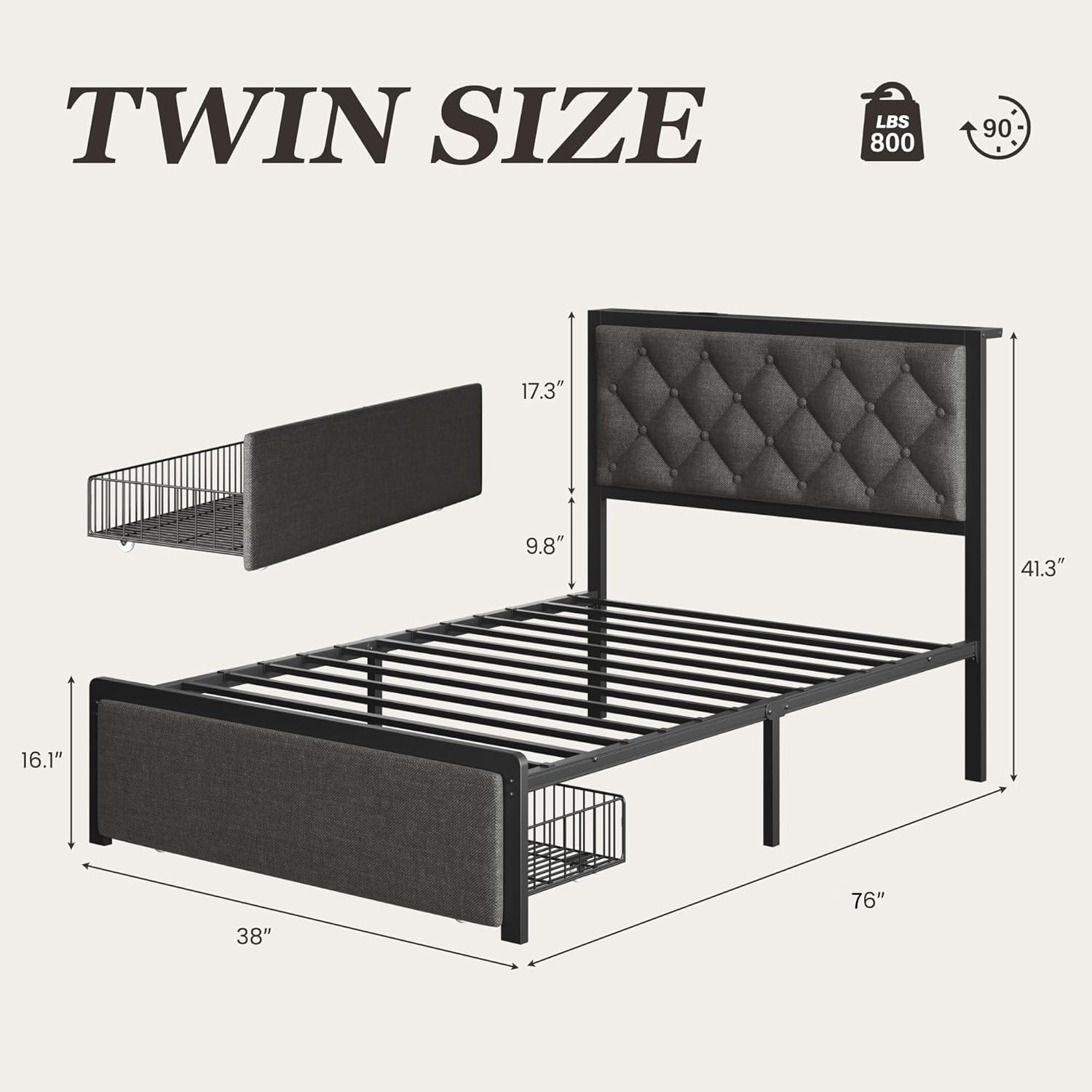 Fluest Twin Bed Frame with Storage Drawer, Upholstered Headboard Button Tufted Bed Frame with Charging Station, No Box Spring Needed, Noise-Free, All Metal Structure, Grey