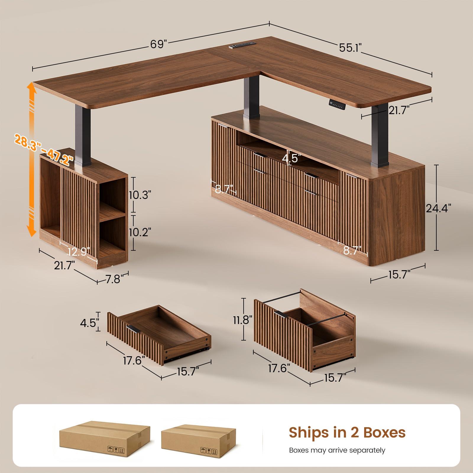 SEDETA L Shaped Electric Standing Desk, 69" x 55"Height Adjustable Office Executive Desk with 4 Drawers and Storage Shelves, Fluted Sit Stand Computer Desk with Power Outlet for Home Office