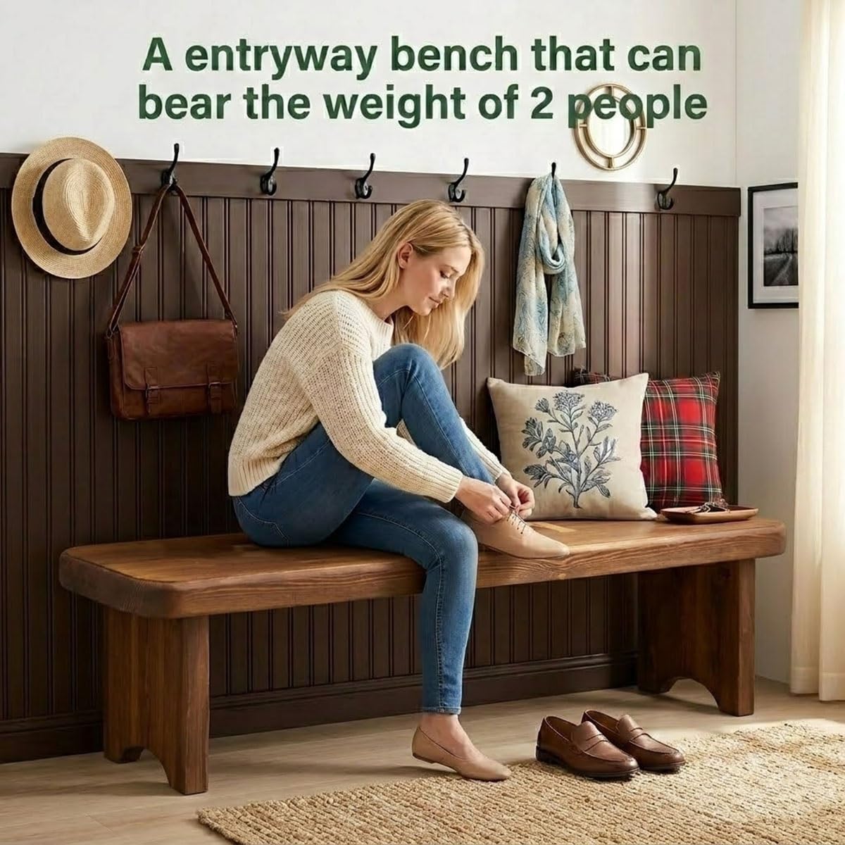 Wnanch Entryway Bench, 24" to 59" Solid Wood Bench, Wooden Shoe Bench for Entryway, Farmhouse End of Bed Bench for Bedroom, Dining Room, Kitchen, Window Seat, Outdoor Garden Bench Seat
